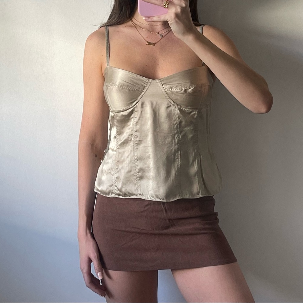 Champagne silk bustier style tank with exposed side buttons